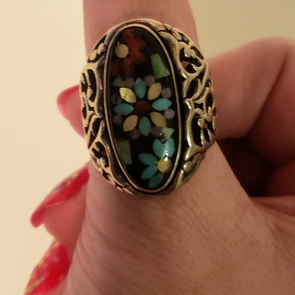 Carolyn Pollock Ring 8 floral inlaid vintage